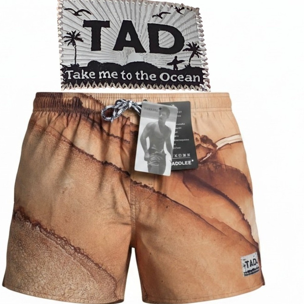 Taddle Swim Trunks Mens XL Tan Brown Abstract Sand Dune Print Board Shorts NEW